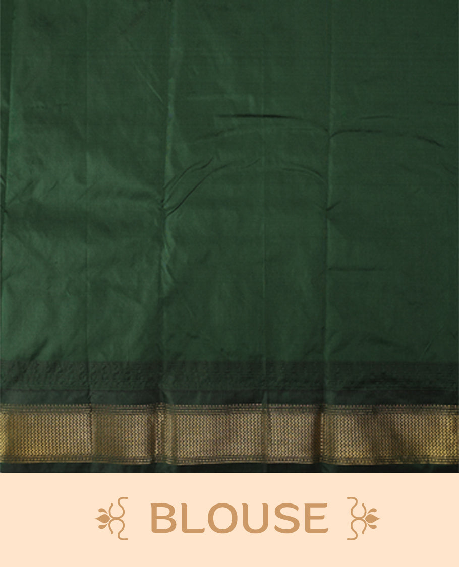 Vibrant Red semi silk saree with plain body, vibrant deep bottle green pallu and matching green border adorned with golden zari, accented with temple motifs along the edges, Paired with a matching blouse, perfect for festive occasions.