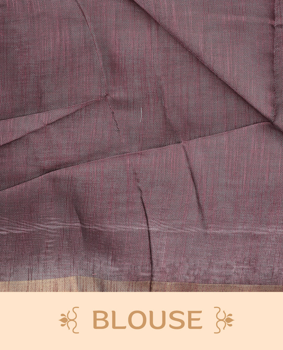 Off-white linen saree featuring beautiful Brown floral and leafy prints on the body, complemented by a tissue piping border and a contrasting pallu. Paired with a matching blouse piece.
