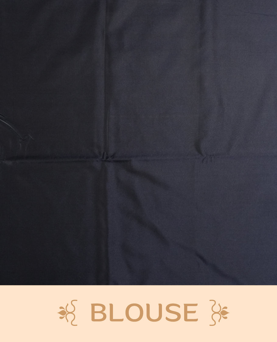 Olive green colour semi soft silk saree adorned with delicate woven self motifs on the body, complemented by a rich contrast navy blue colour woven pallu with intricate detailing and tassel accents & Comes with a matching blouse piece.