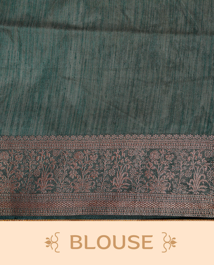 Maroon colour Semi linen saree featuring Elegant plain body, complemented by contrast Green colour With Antique zari border, paired with matching blouse piece.