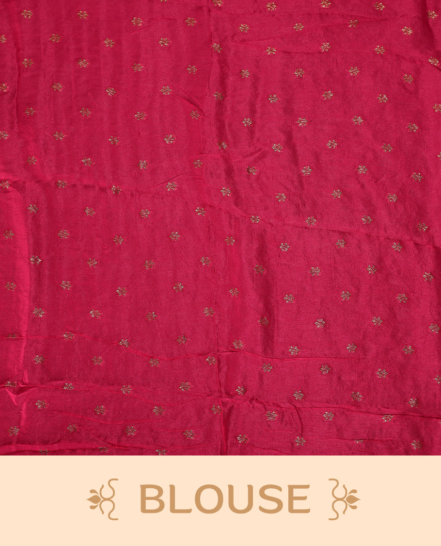 Reddish pink Banarasi Bandhani saree featuring Bandhani dots in checkered zari motifs, a beautifully woven zari border, and a grand pallu with tassels. A graceful pick for festive and wedding wear.