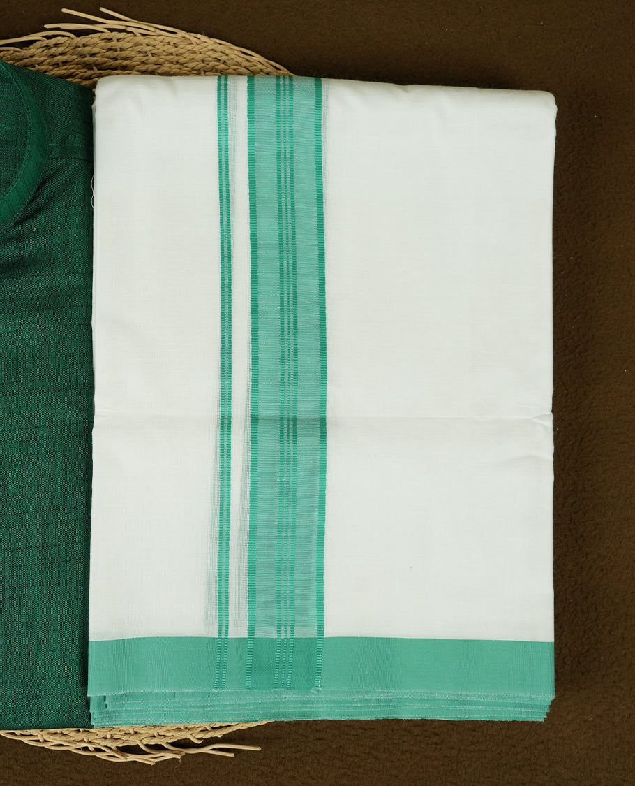 RAMRAJ British Green Colour shirt paired with a matching dhoti, elegantly finished with a green zari border.