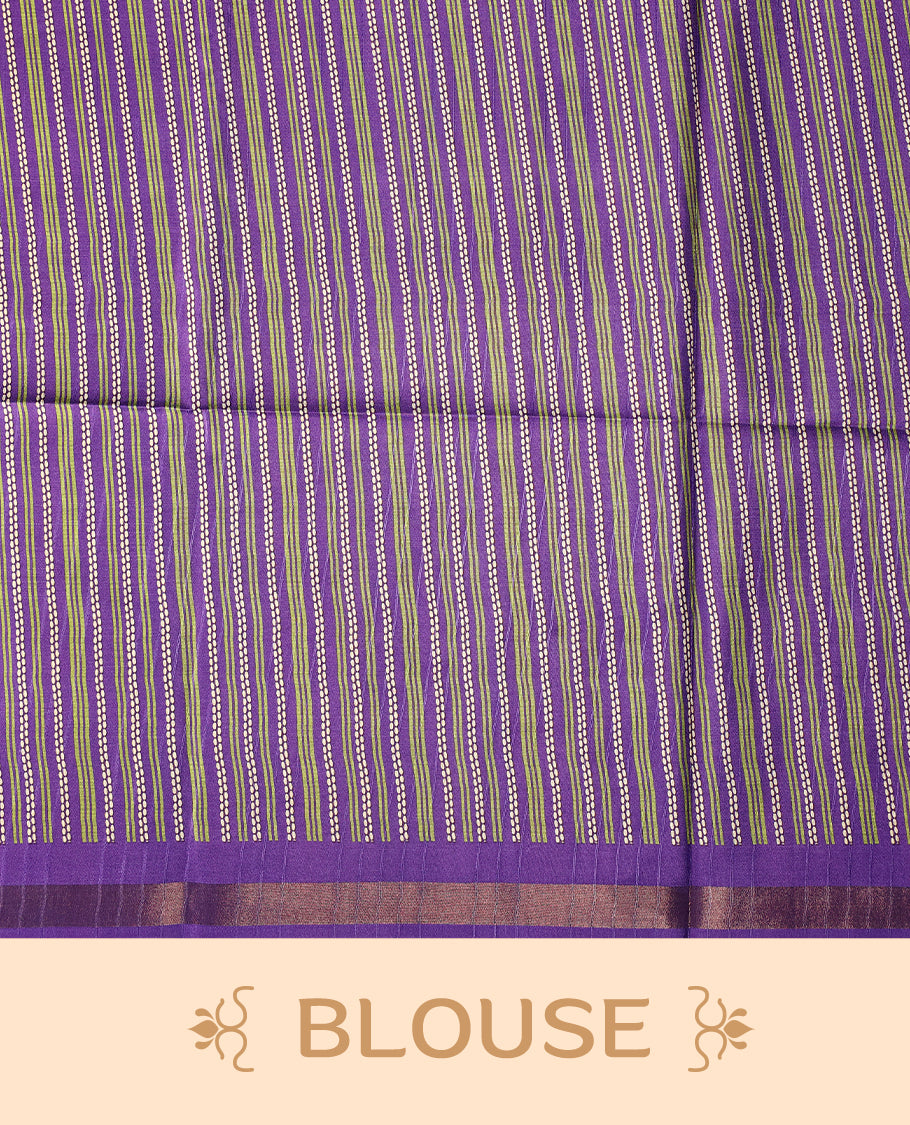 Green colour saree adorned with subtle woven motifs on the body, enhanced with a striking Purple Temple patterned border, complemented by a rich Purple striped pallu with tassels, and paired with a matching blouse