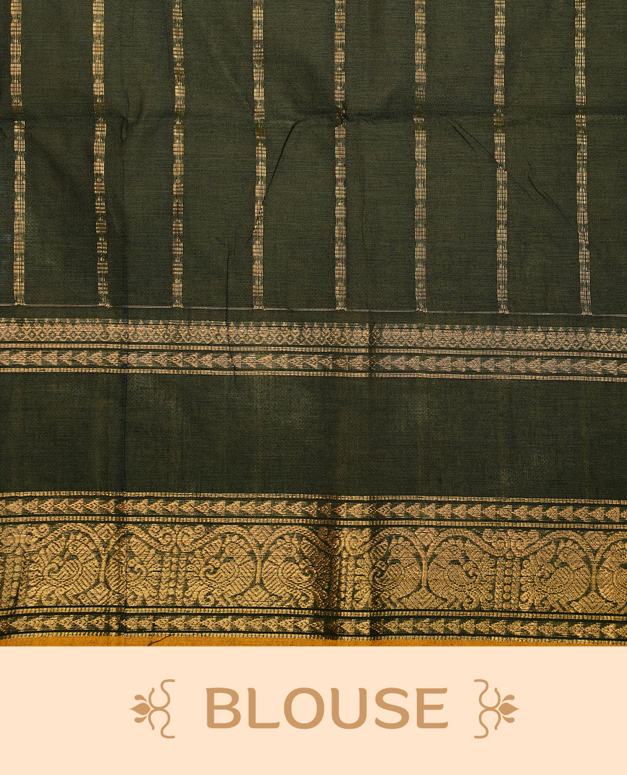 Dark green colour chettinad cotton saree featuring gold zari stripes on body, complemented by self colour with zari mustard piping border, paired with matching blouse piece.