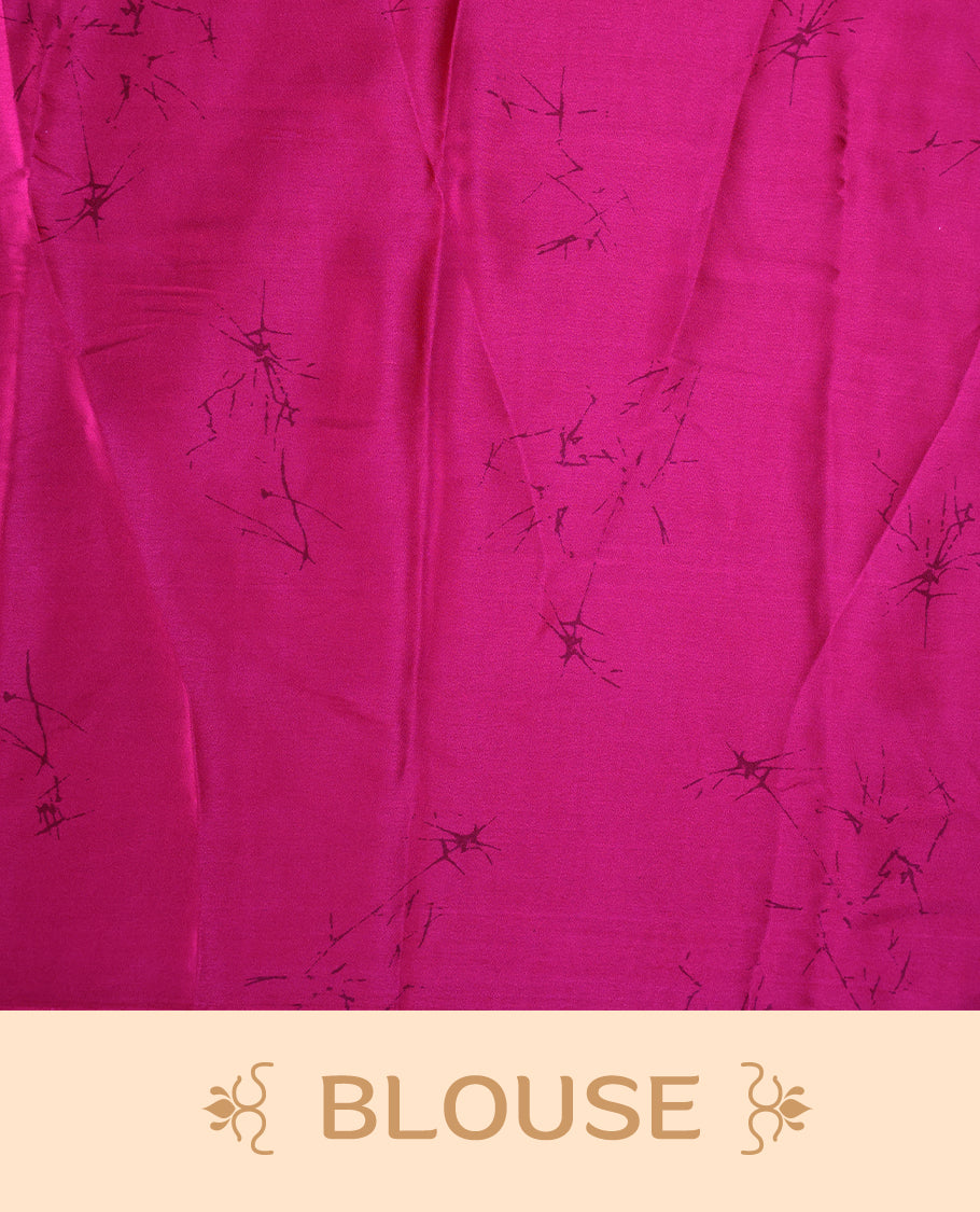 Pink and Off White colour semi modal saree featuring contemporary abstract and floral patterns highlighted with shimmering accents, complemented with a coordinated blouse