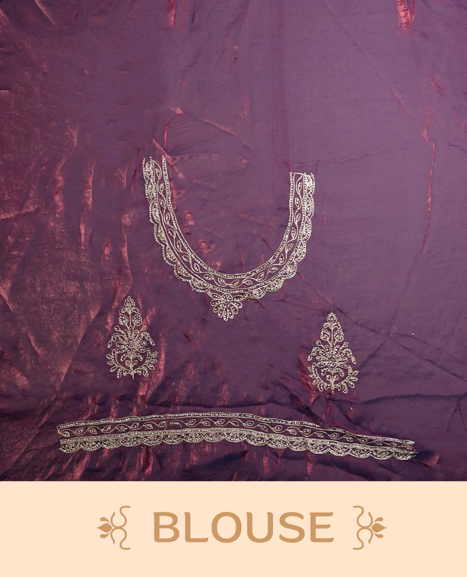 Onion pink colour velvet chiffon designer saree in elegant two tone shades, featuring light gold zari, kodi work with handwoven style thread aari & dori embroidery work, Swarovski stone work and all over motifs, comes with matching blouse.
