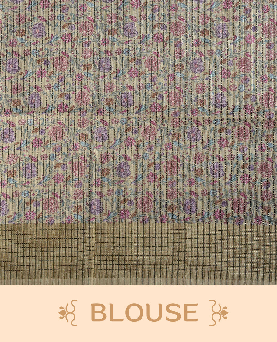 Beige colour Semi Tussar Silk saree with vibrant digital floral printed body and elegant Kandha work border & Paired with a matching blouse.