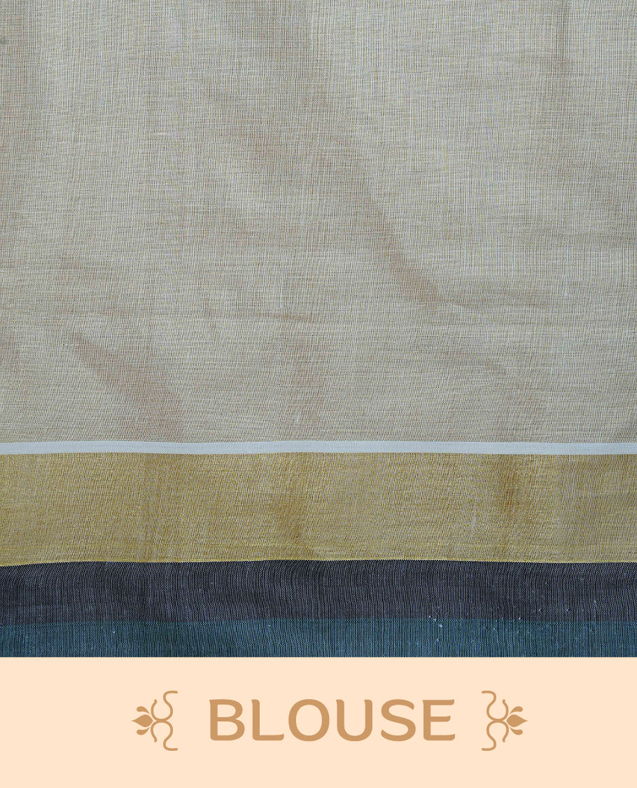 Cream Colour Tissue Kerala Saree Featuring Green and Black Leaf Prints Across the Body, Enhanced with a Gold Zari, Dark Green and Black Border & Pallu, Green and Black Tassels, and a Matching Blouse Piece.