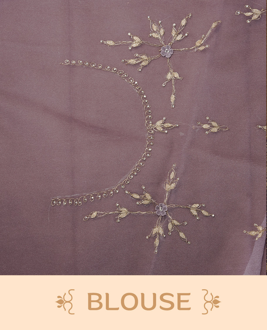 Pastel purple colour crush organza saree featuring gold thread floral and stone worked body, highlighting scalp designed border, paired with matching blouse piece.