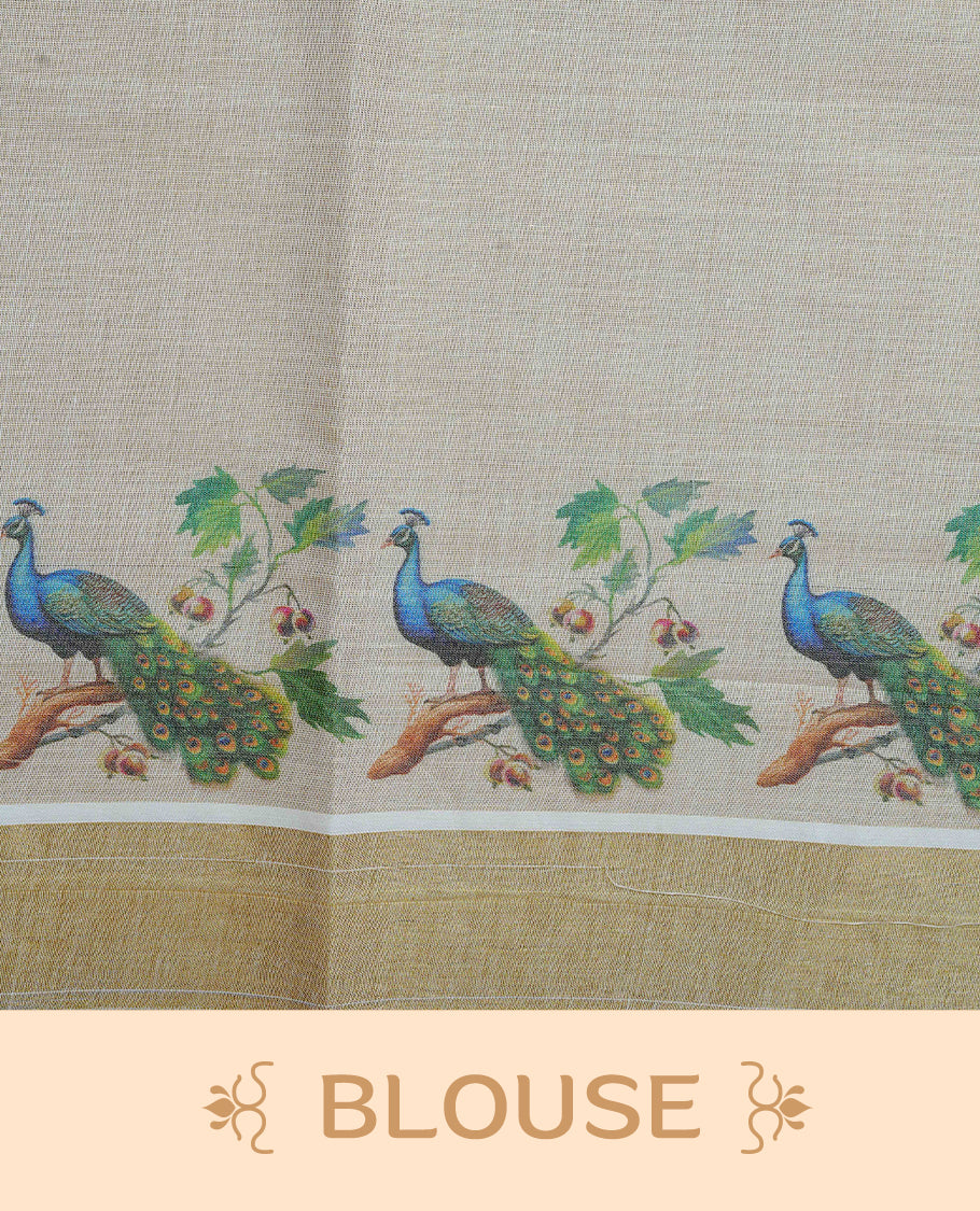 Cream Colour Tissue Kerala Saree Featuring A Digital Peacock & Floral Printed Body & Pallu , Beautifully Enhanced With A Classic Gold Zari Border And Blue & Baby Pink Tassels, Paired With A Matching Blouse Piece
