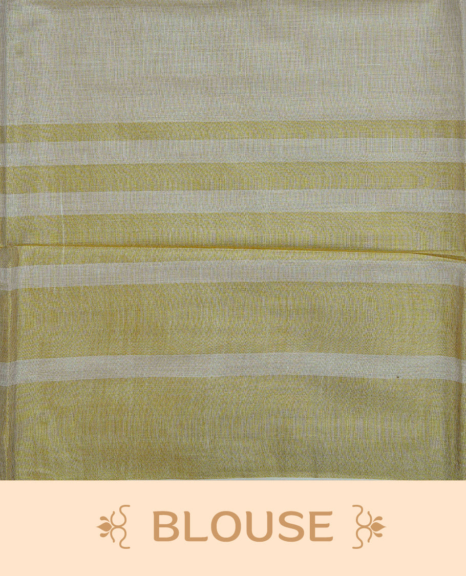 Cream Colour Tissue Kerala Saree Featuring A Classy Plain Body, Beautifully Enhanced With A Traditional Gold Zari Striped Border And Rich Gold Zari Pallu, Finished With Elegant Tassels, Paired With A Matching Blouse Piece.