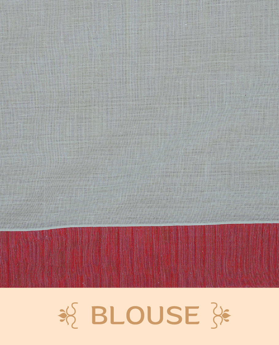 Cream colour Cotton Kerala saree Featuring Classy Plain body for Effortless Elegance, enhancing Red with Peacock Printed border, paired with matching blouse piece.