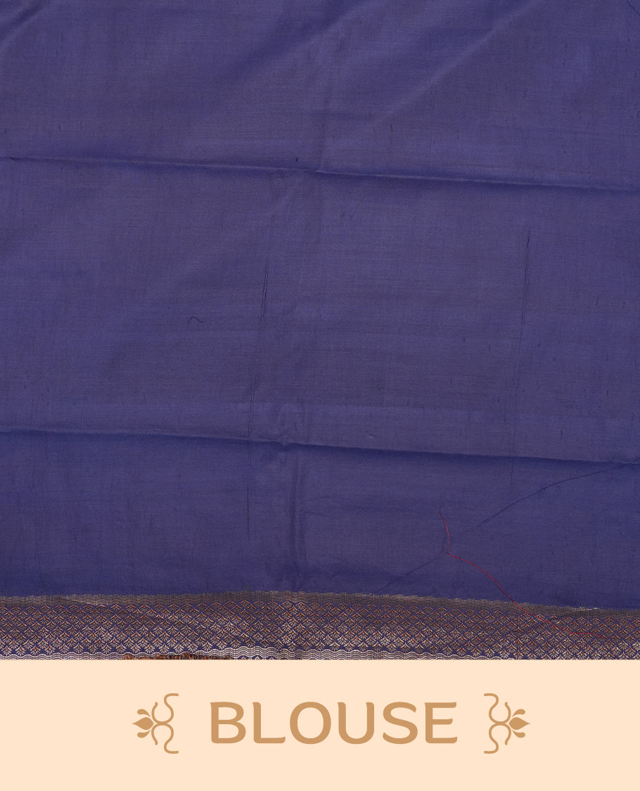 Cream beige Banaras soft silk saree with gold zari oval motifs on body, with contrast Blue colour floral pattern on pallu, border, and Matching blouse.