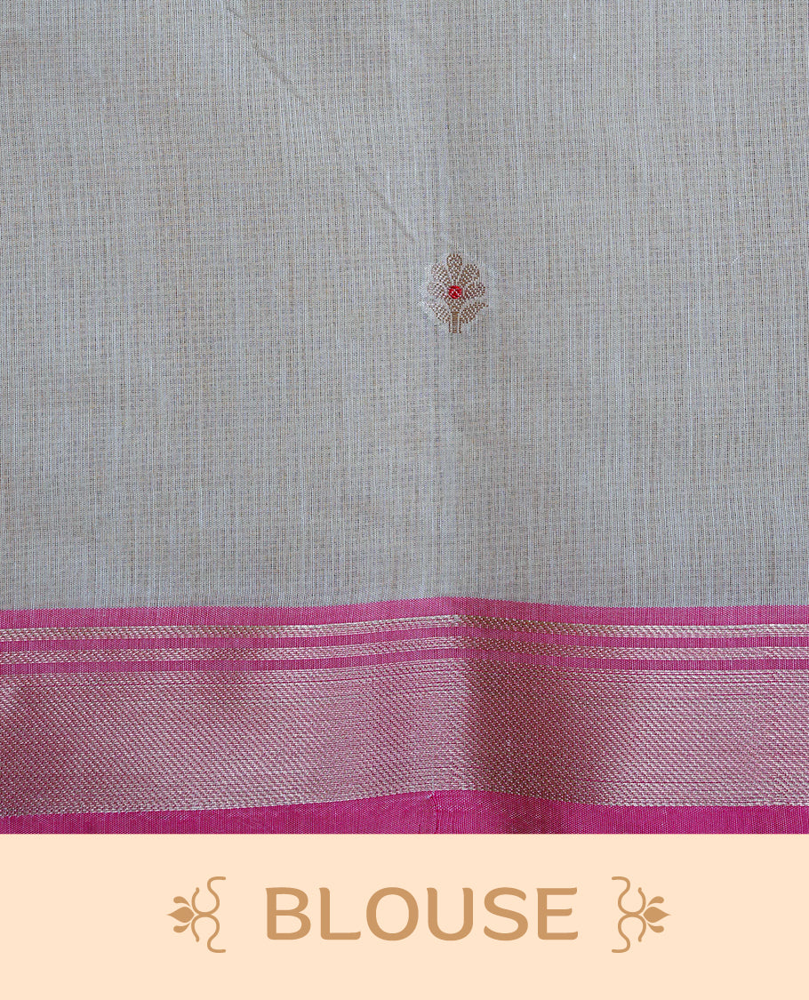 Cream Colour Silk Cotton Kerala Saree Featuring Delicate Butta Motifs Across The Body, Enhanced With A Pink And Rose Gold Zari Border, Traditional Gold Zari Pallu, And A Matching Blouse Piece.