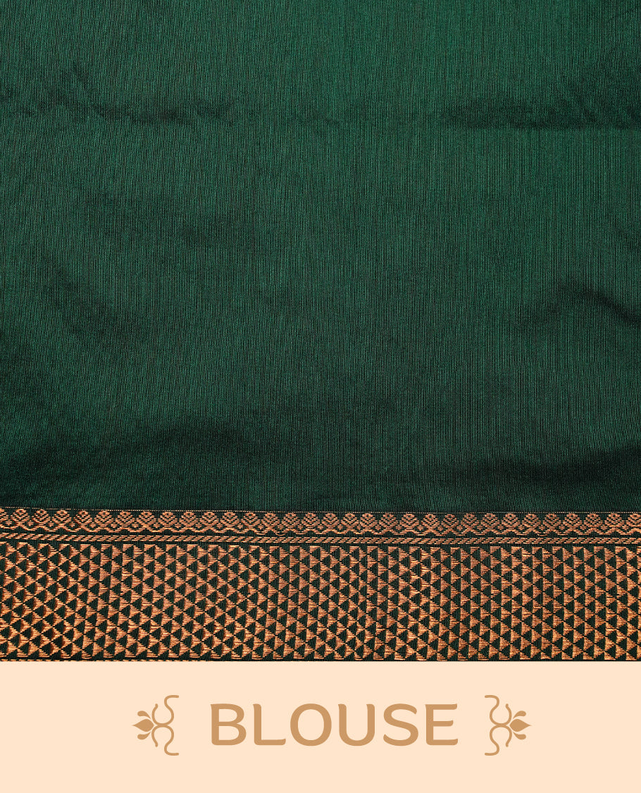 Green colour kalyani cotton saree featuring gold zari motifs on body, highlighting self colour with Antique gold zari border, paired with matching blouse piece.