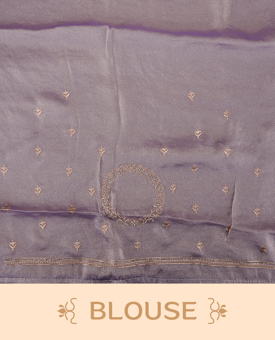 Lavender colour organza saree featuring thread & gold stone pattern on body, highlighting scalp border, paired with matching blouse piece.