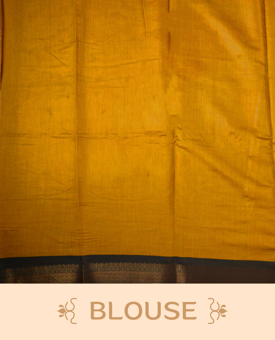Mustard yellow colour chanderi cotton saree featuring black polka dot printed body,striped pallu with geometric patterns, golden zari border, and matching mustard yellow plain blouse.
