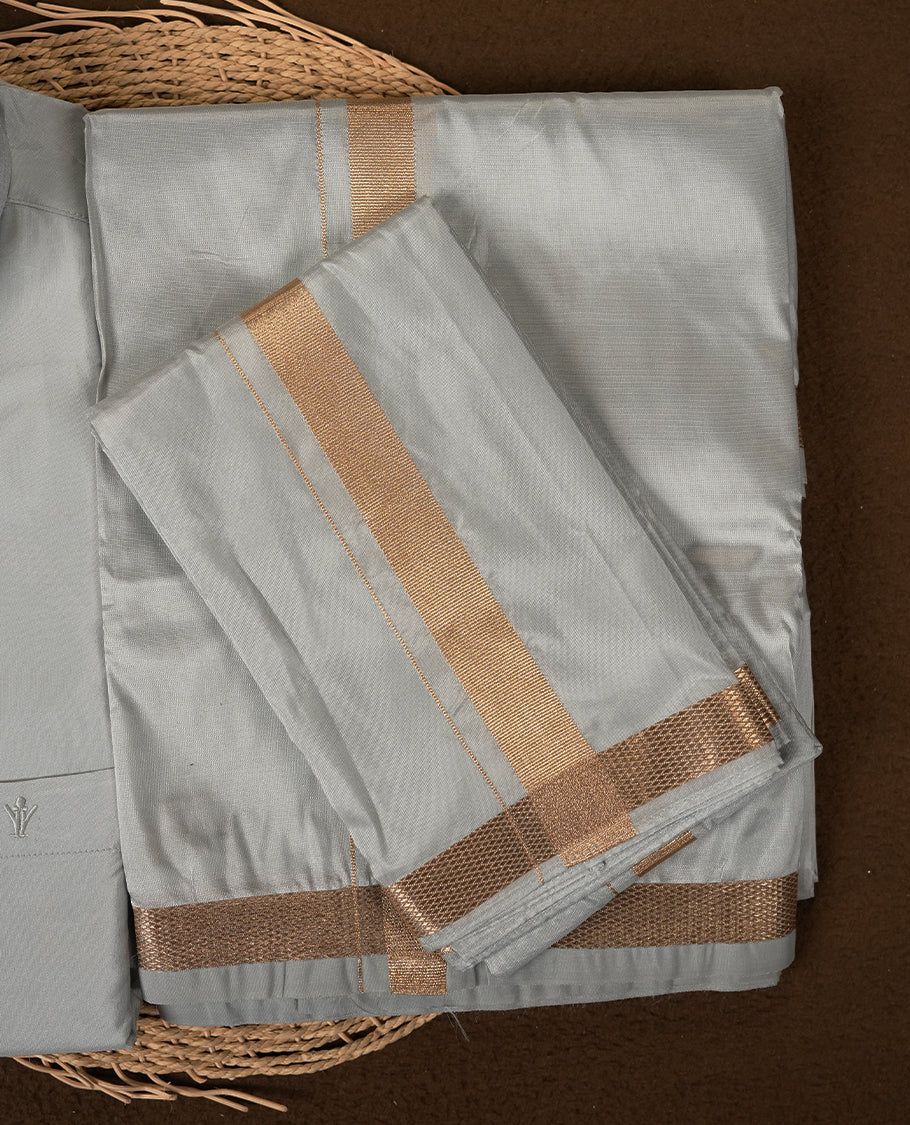 RAMRAJ Silver Grey Colour kurtha paired with a Silver Grey dhoti and a Silver Grey towel, elegantly finished with a matching Gold border.
