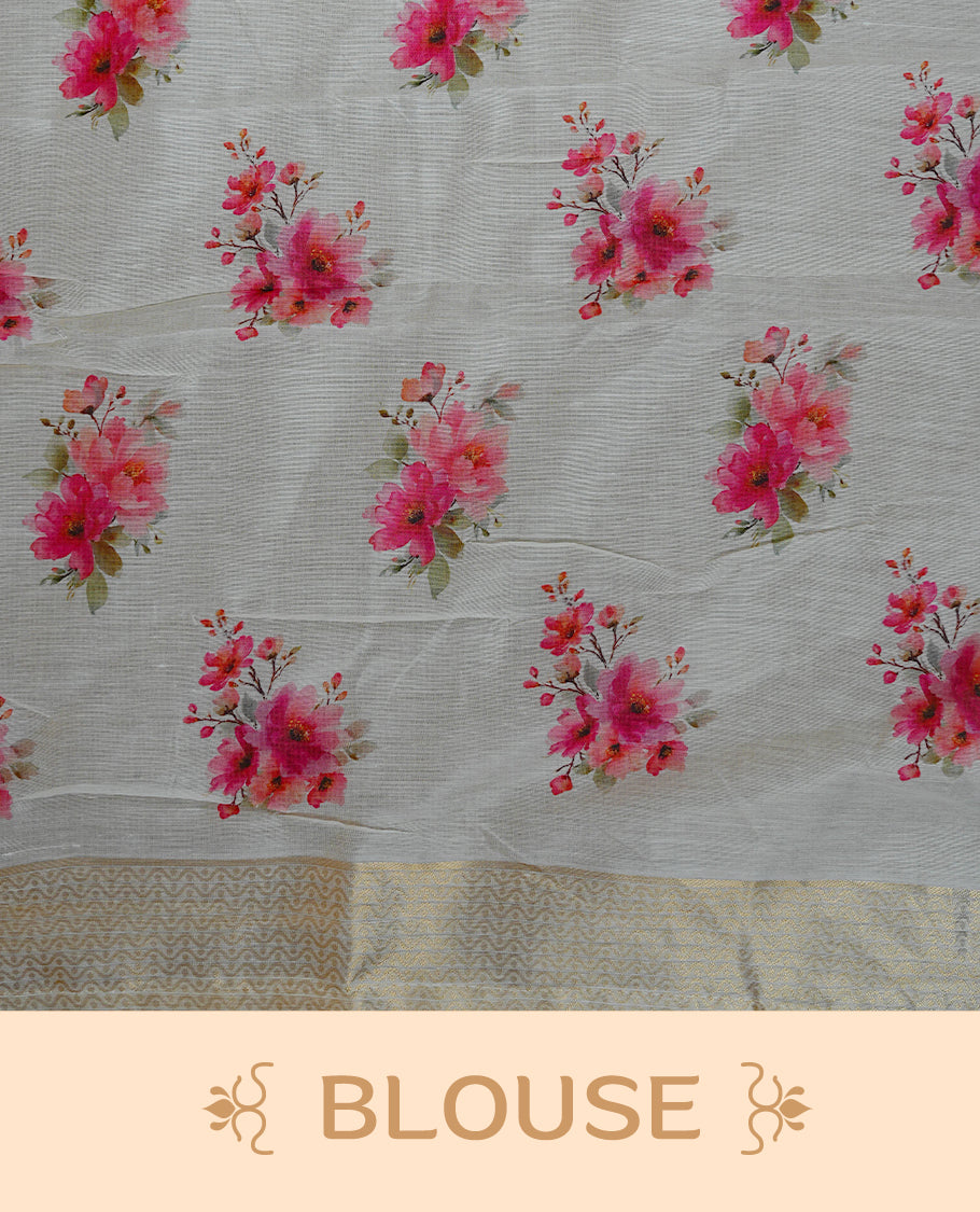 Cream colour Kerala saree featuring Light Gold Zari pattern & pink floral printed body, enrich by zari Border, pallu ,comes with matching blouse piece.