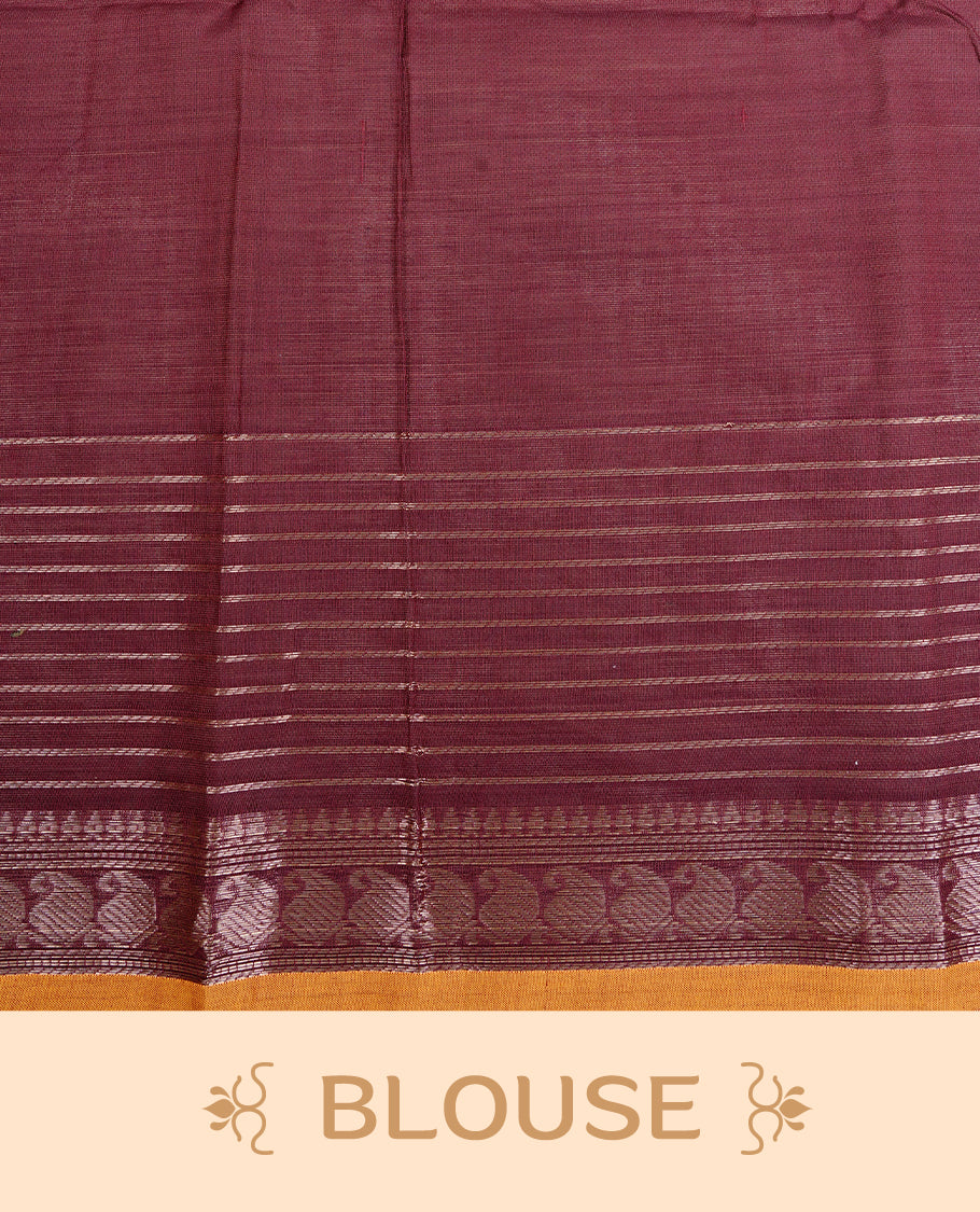Maroon colour Chettinad cotton saree featuring Gold zari stripes on body, complemented by Self colour with Gold zari border mustard piping, paired with matching blouse piece.