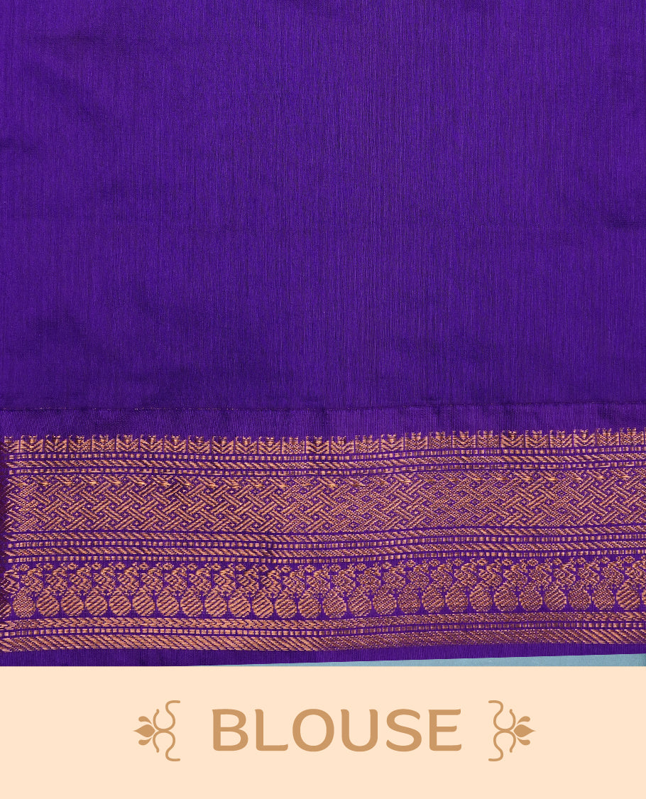 Lavender colour kalyani cotton saree featuring gold zari check pattern on body, complemented by Violet colour with Antique zari border, paired with matching blouse piece.
