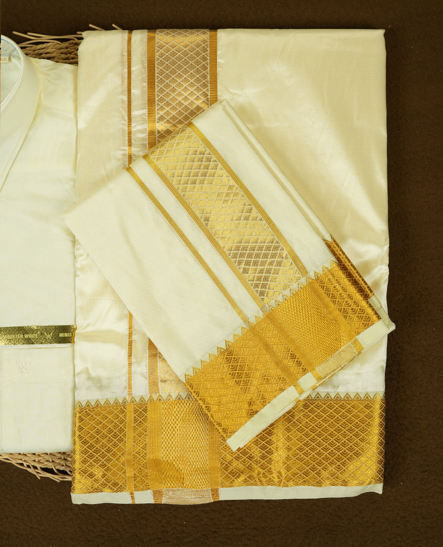 Cream gold coloured silk wedding shirt, dhoti, and towel set from MINISTER WHITE, featuring a gold zari border.