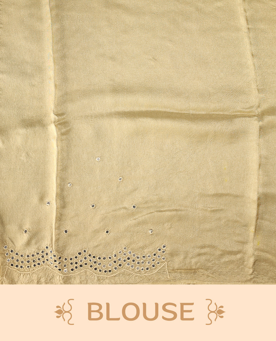 Beige colour pure crepe saree with abstract floral print in earthy tones, highlighted by mirror work on the body and scalloped border, paired with a matching blouse.