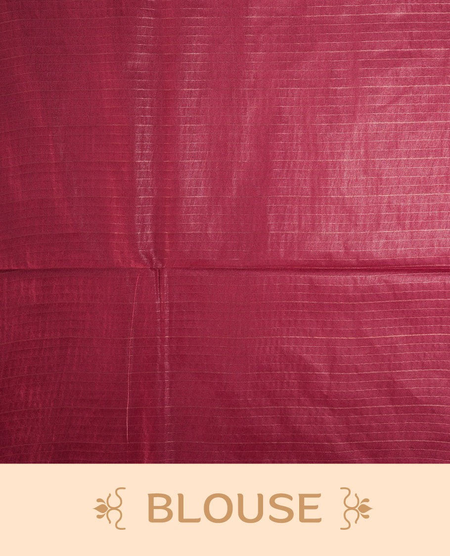 Medium maroon colour semi jute saree with golden checked body for a traditional appeal, Soft texture, tassel pallu, and Includes matching blouse piece for a complete look.