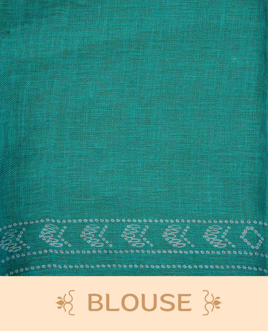 Cream colour semi linen saree featuring Light green Ajrakh pattern print on body, complemented by contrast green colour with same pattern print border, comes with matching blouse piece.