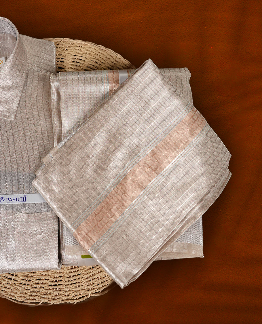 Elegant Silver Copper shirt & dhoti set by PASUTHI with subtle zari accents, Perfect for festive occasions, weddings & gifting. Includes towel, attar & vibhuti in a luxurious box.