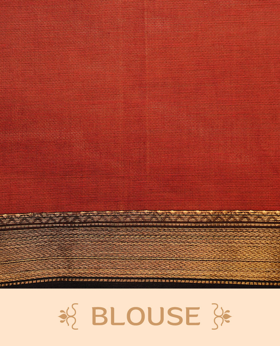 Dark red colour chettinad cotton saree featuring Plain body, complemented by Chocolate with zari border, paired with matching blouse piece.