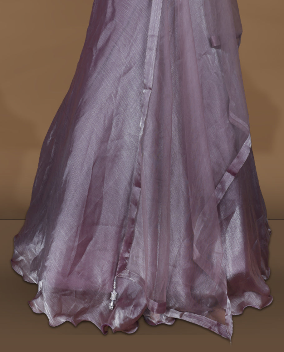 Dusty mauve colour stitched gown set with sleeveless embellished yoke, sheer studded back, flared layered hem with scalloped edge, and matching plain sheer dupatta.