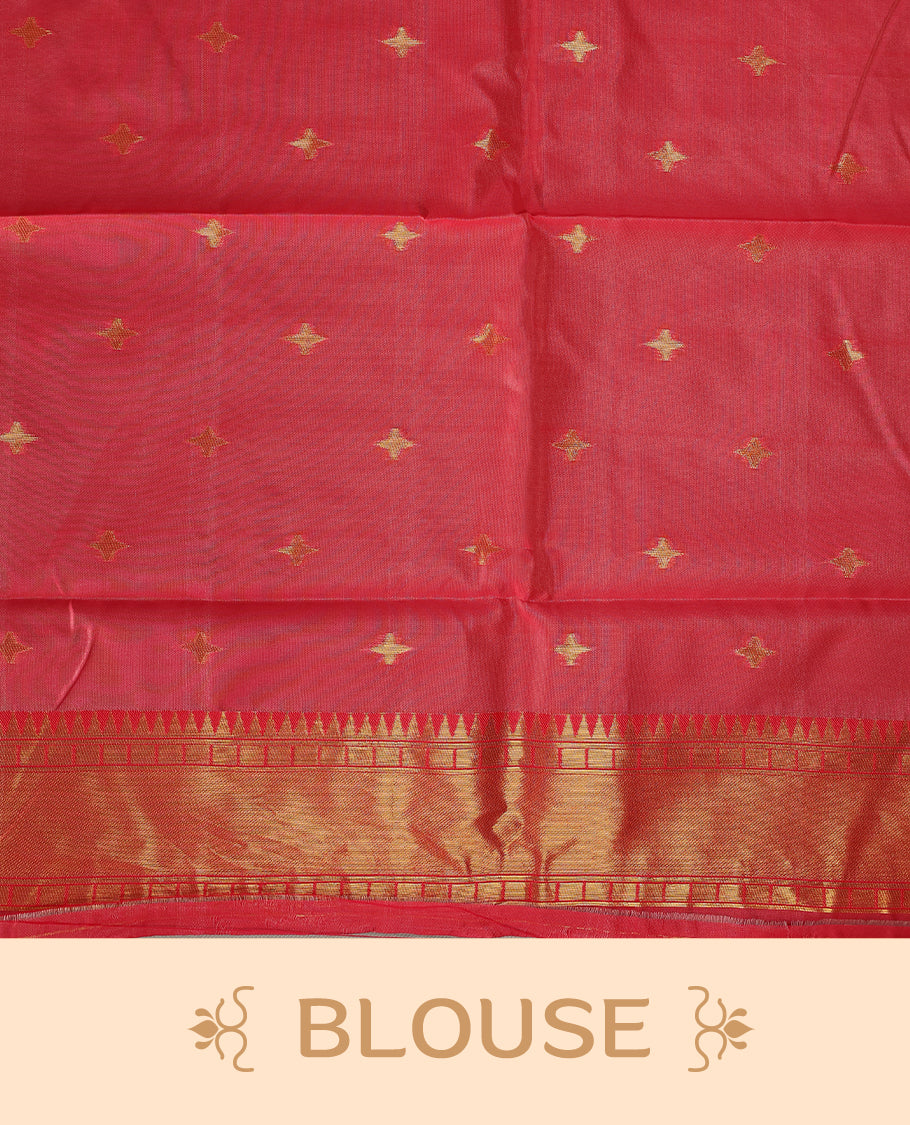 off white colour saree adorned with delicate golden motifs, accentuated by a vibrant red border with intricate weaving, and a rich red gold zari pallu, paired with a matching blouse