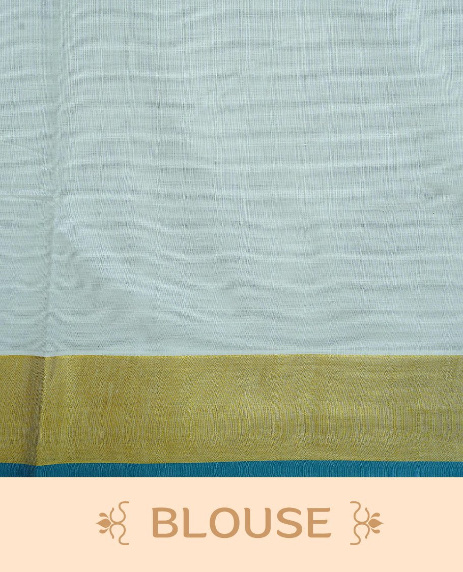 Cream colour Cotton kerala saree featuring Elegant Plain body, complemented by Gold zari with green colour border & Tassel on Pallu, paired with matching blouse piece.