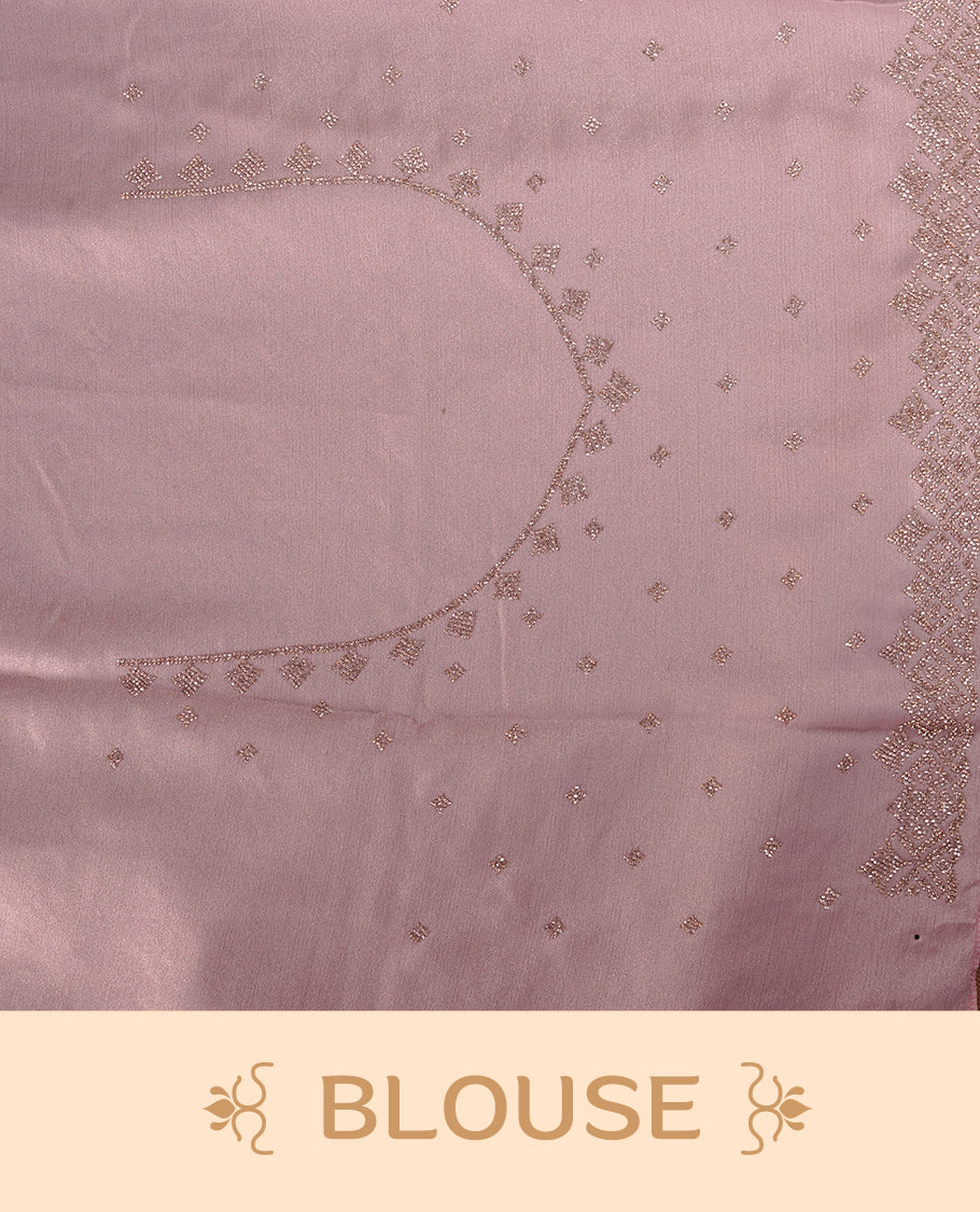 Pink colour organza designer saree featuring Gold stone motifs on body, highlighting light weight stone worked border, paired with matching blouse piece.