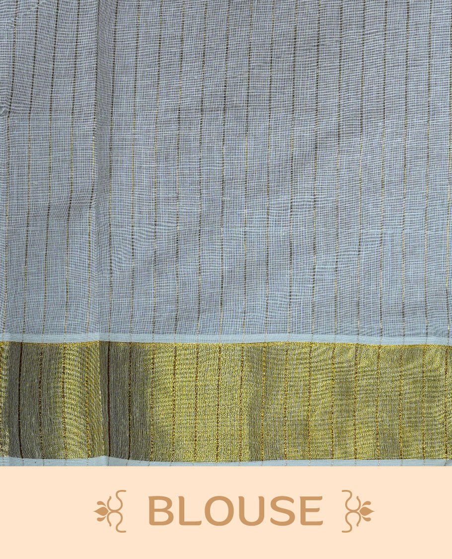 Cream Colour Kerala Saree Featuring Gold Stripes On The Body, Complemented By A Traditional Gold Zari And Floral Printed Border, Paired With A Matching Blouse Piece.