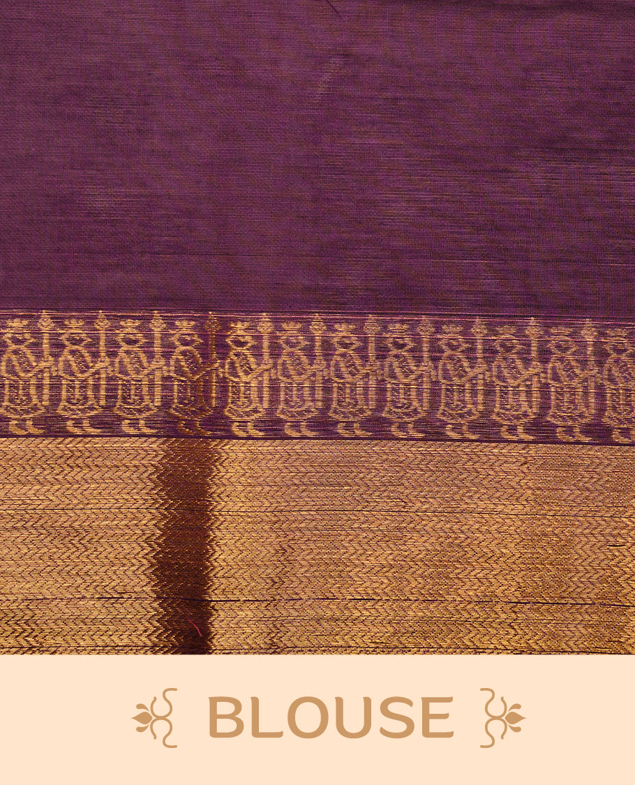Deep purple colour chettinad cotton saree featuring elegant plain body, complemented by self colour with zari border, paired with matching blouse piece.