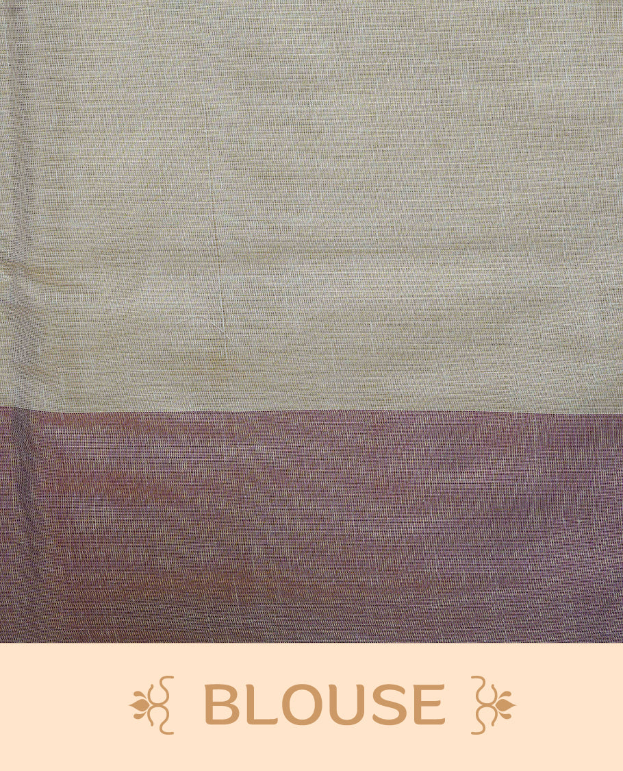 Cream Colour Tissue Kerala Saree Featuring a Plain Body, Enhanced with Violet Block Printed Borders, a Violet and Gold Zari Pallu, Violet Tassels, and a Matching Blouse Piece.
