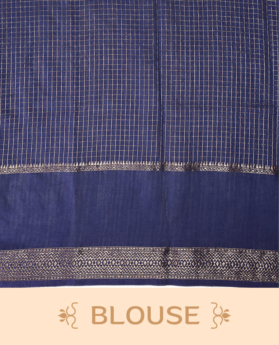 Navy Blue viscose saree featuring subtle checkered patterns and a beautifully embroidered bird motif border, paired with a rich pallu & perfect for festive occasions, celebrations, and elegant gatherings.