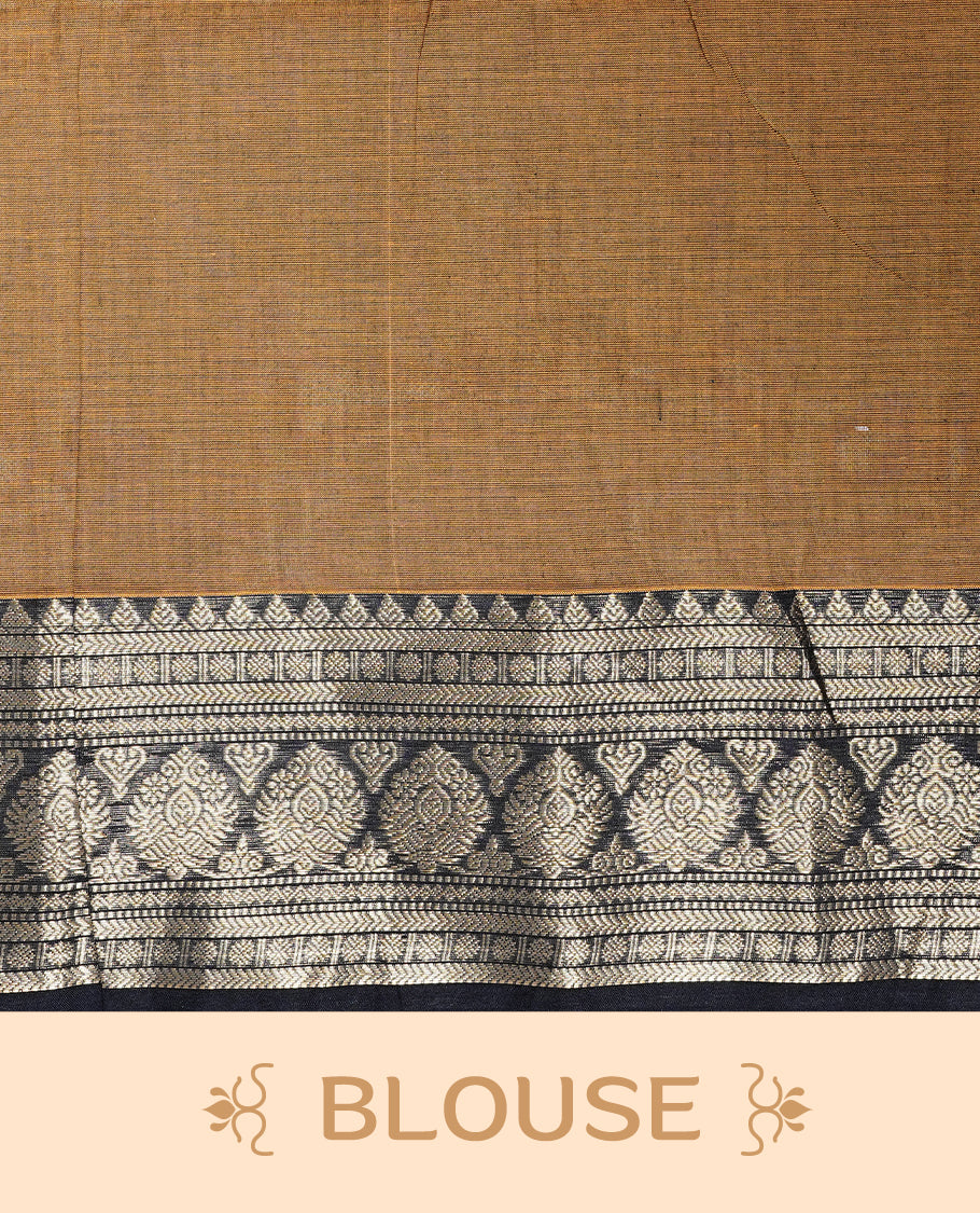 Mustard colour chettinad cotton saree featuring gold zari stripes & motifs on body, complemented by Contrast Black colour with zari border, paired with matching blouse piece.