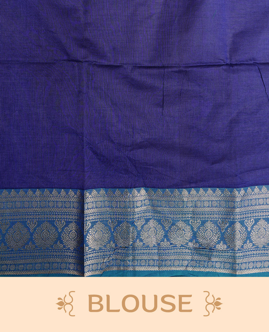 Navy blue colour chettinad cotton saree featuring gold zari stripes & motifs on body, complemented by Contrast Teal colour with zari border, paired with matching blouse piece.