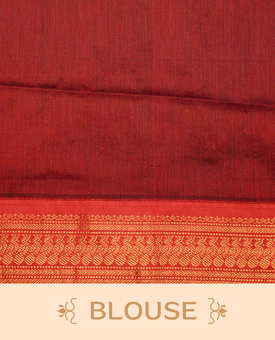 Black colour kalyani cotton saree featuring gold zari motifs on body, highlighting contrast Maroon colour with Antique gold zari border, paired with matching blouse piece.