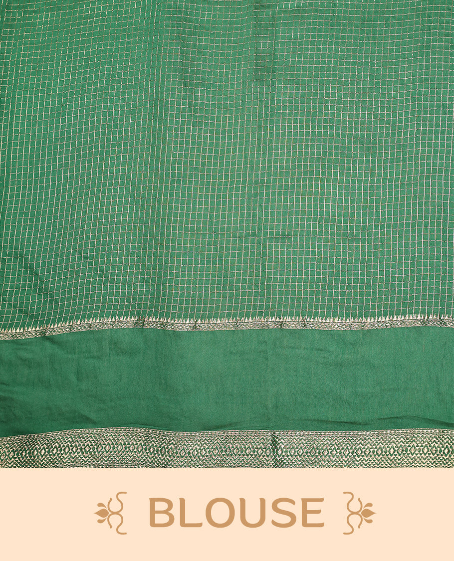 Green viscose saree featuring subtle checkered patterns and a beautifully embroidered bird motif border, paired with a rich pallu & perfect for festive occasions, celebrations, and elegant gatherings.