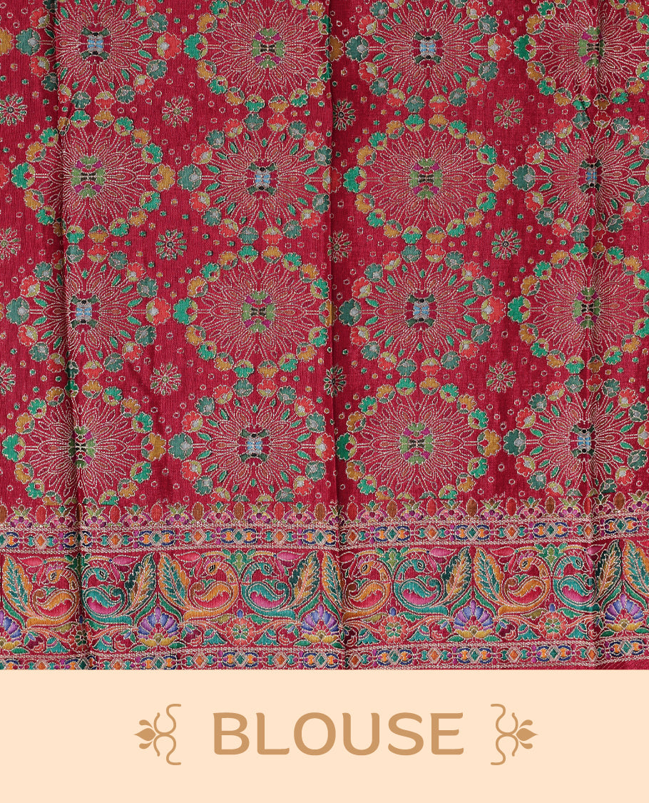 Black Pashmina silk saree featuring floral Pattern body, complemented by red border with multi colour bird motifs, complete with matching blouse piece.
