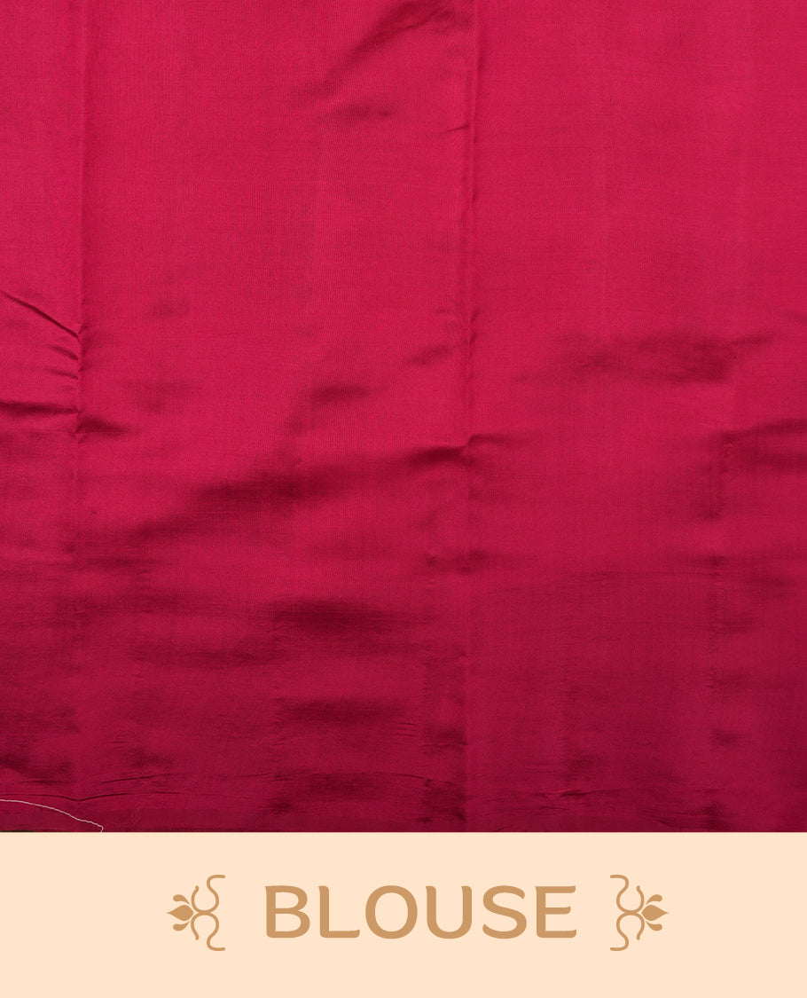 Pink Banaras soft silk saree with gold zari oval motifs on body, with contrast mangena colour floral pattern on pallu, border, and Matching blouse.