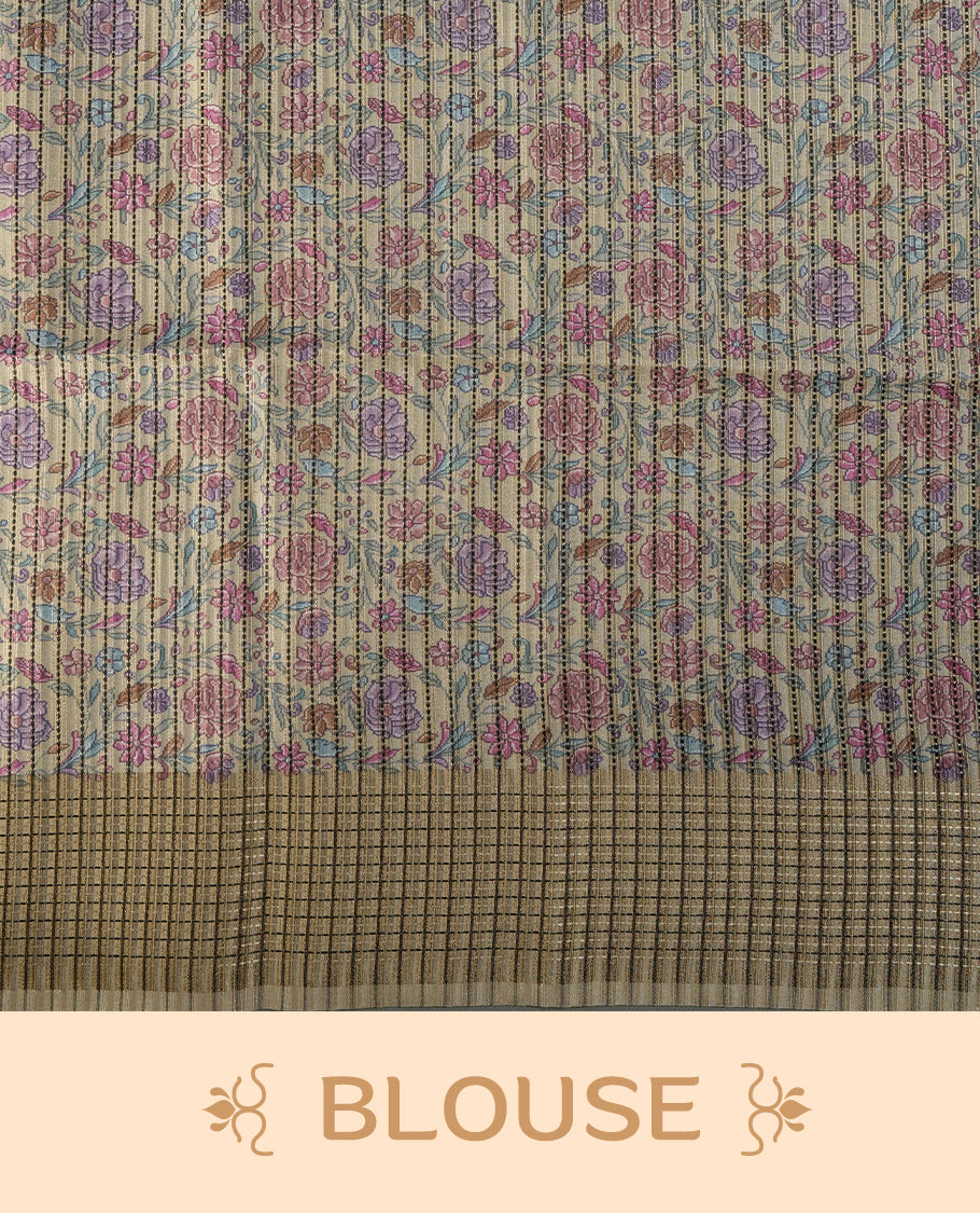 Onion pink colour Semi Tussar Silk saree with vibrant digital floral printed body and elegant Kandha work border & Paired with a matching blouse, it beautifully blends traditional craftsmanship with modern charm.