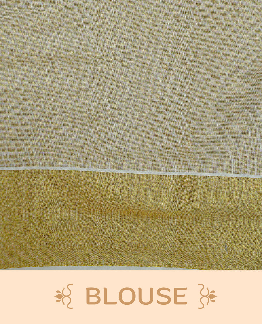 Cream colour Tissue kerala saree featuring Embroidery buttas on body, complemented by Floral thread work with Print & kasavu kara, comes with matching blouse piece.