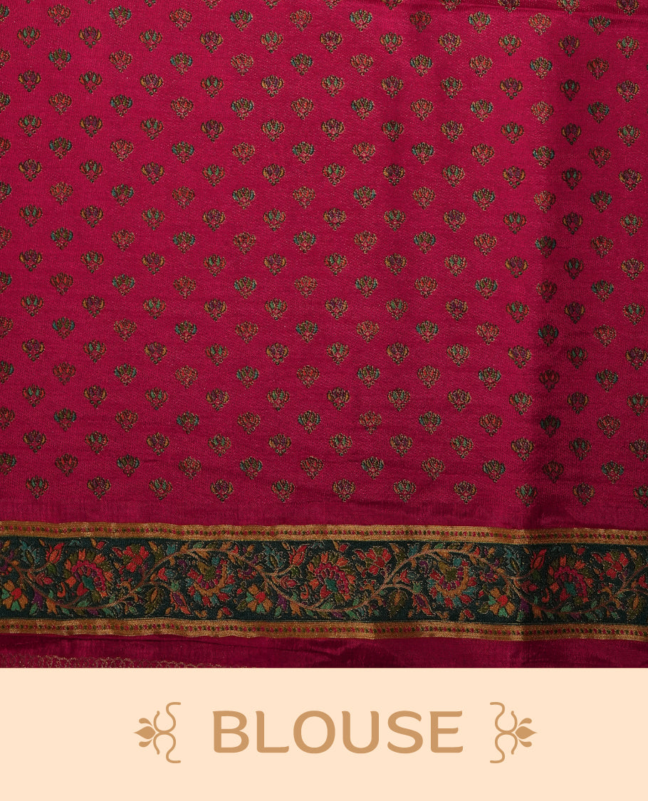 Black Pashmina Silk Saree with Plain Body, Intricate Multicolor Kashmiri-Style Embroidered Floral and Paisley Design on Contrasting Pink Zari Border & Pallu, Paired with Matching Blouse Piece