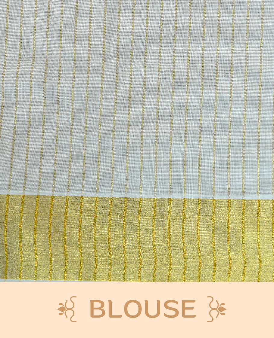 Cream Colour Kerala Saree Featuring A Light Gold Zari Pattern And Floral Prints On The Body, Enriched By A Traditional Zari Border And Pallu, Paired With A Matching Blouse Piece