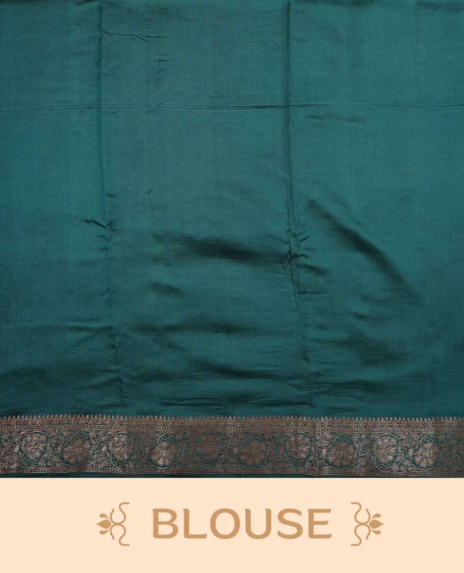 Aqua green Banaras soft silk saree with gold zari oval motifs on body, with contrast Dark Teal colour floral pattern on pallu, border, and Matching blouse.